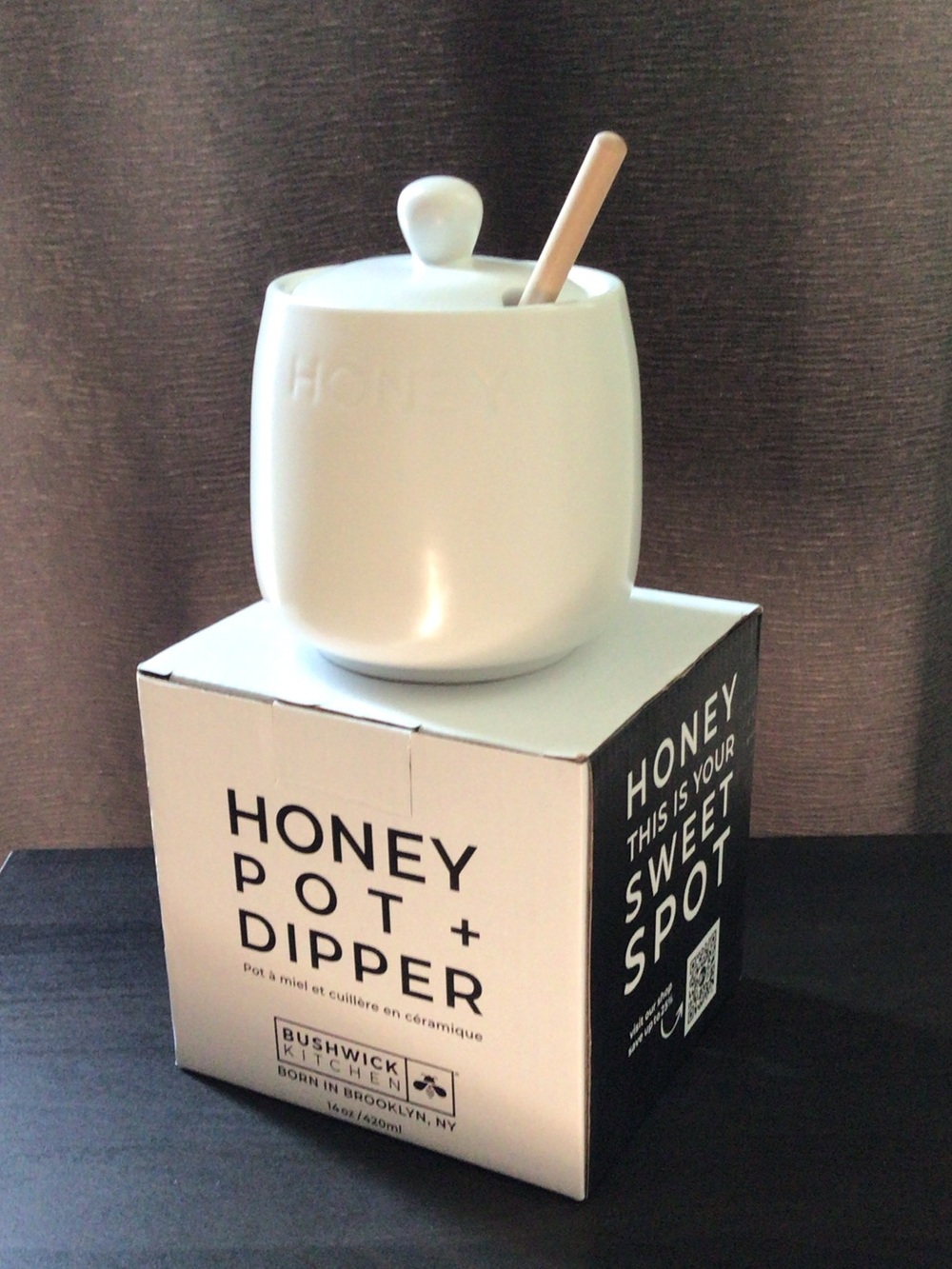 White Ceramic Honey Pot with Wooden Dipper - Classic Kitchen Accessory